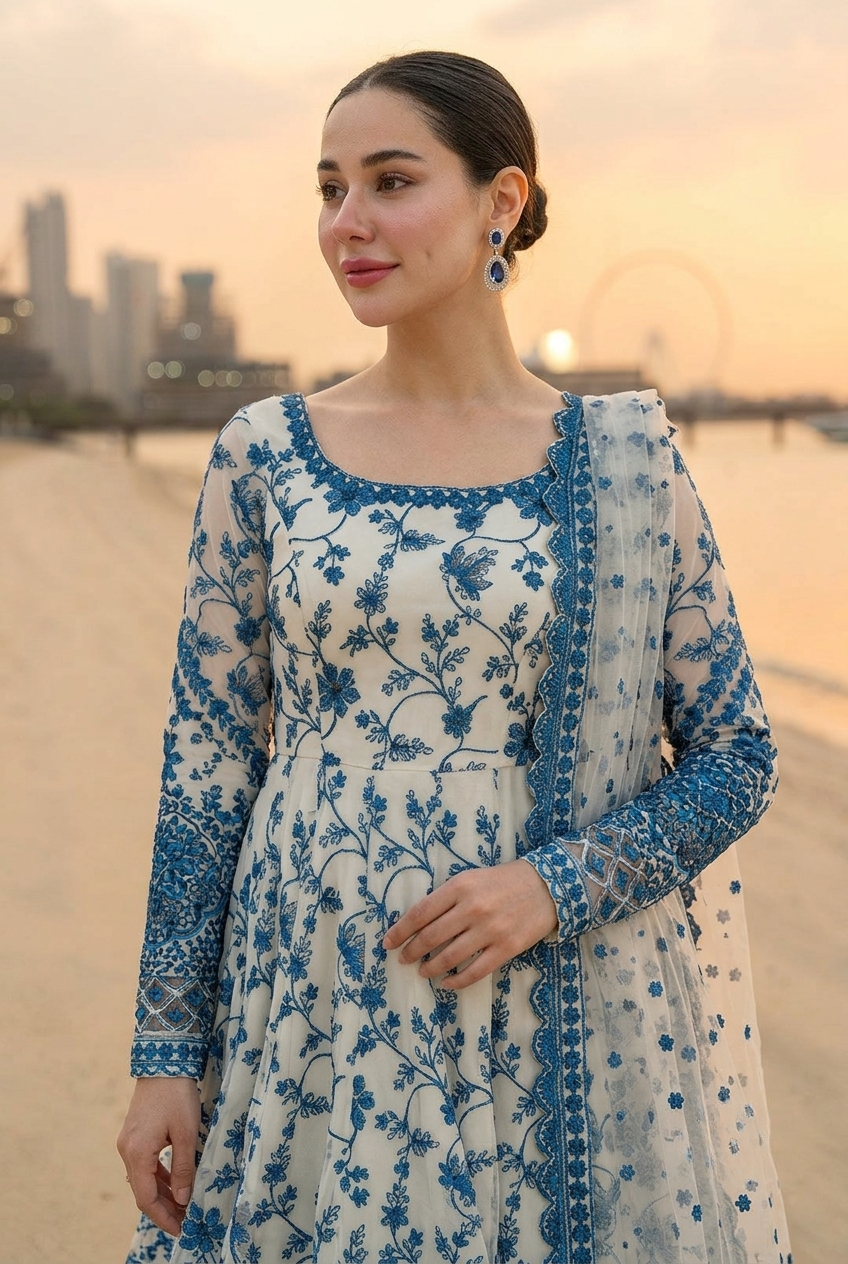 Unstitched Premium Chiffon Indian Party Wear Dress | Blue Floral Suit with Dupatta
