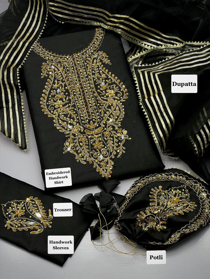 ANAYA-B Unstitched Black Cotton Silk Suit with Organza Dupatta & Matching Embroidered Potli |  Premium Embroidered Women's Festive Wear