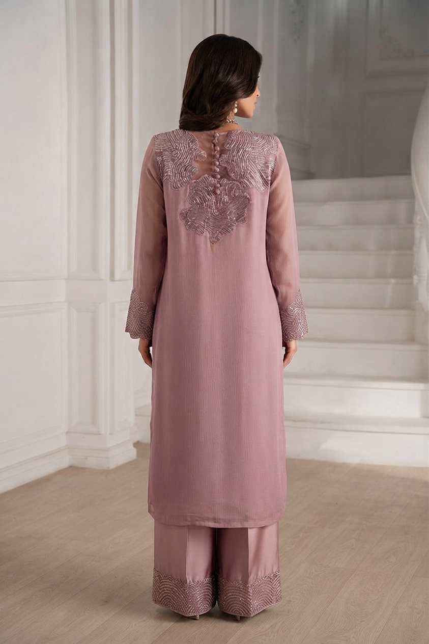 IZNIK Luxury Chiffon Embroidered Unstitched Suit with Organza Dupatta & Malai Trouser – Dusty Mauve | Women's Formal Wear