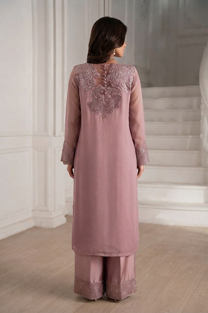 IZNIK Luxury Chiffon Embroidered Unstitched Suit with Organza Dupatta & Malai Trouser – Dusty Mauve | Women's Formal Wear
