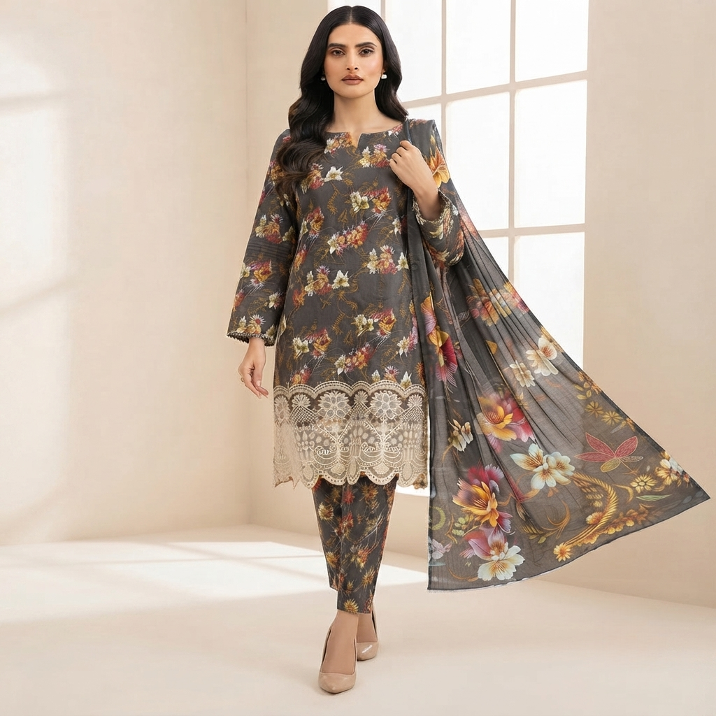 Bin Saeed Printed  3 Piece Unstitched Lawn Suit for Women