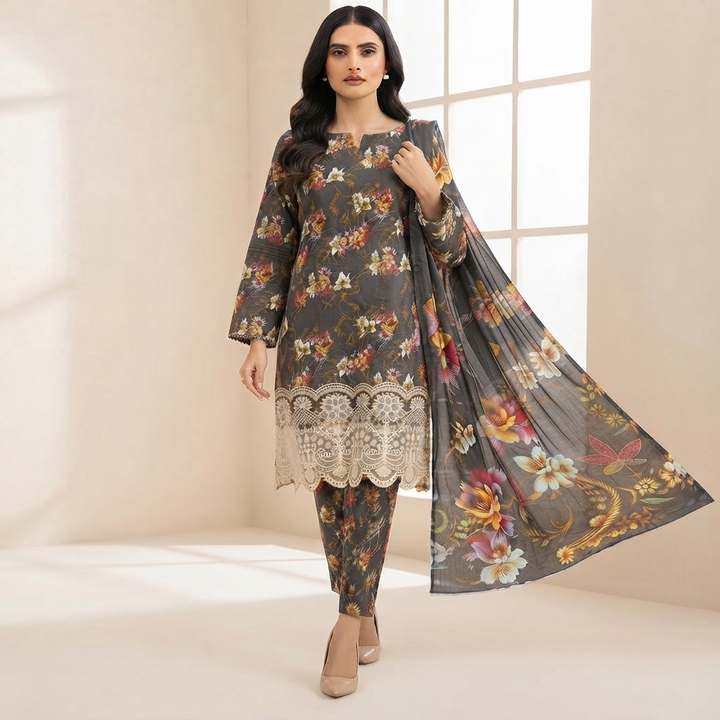 Bin Saeed Printed  3 Piece Unstitched Lawn Suit for Women