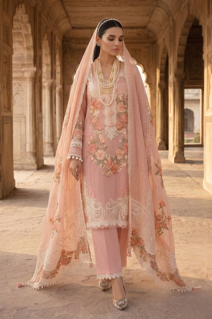 Crimson — Luxury Embroidered 3-Piece Suit | Blush Pink Floral Embroidery with Crochet Lace Dupatta