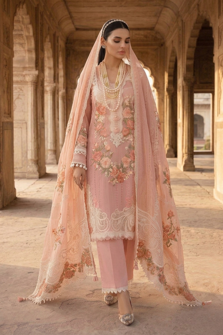 Crimson — Luxury Embroidered 3-Piece Suit | Blush Pink Floral Embroidery with Crochet Lace Dupatta