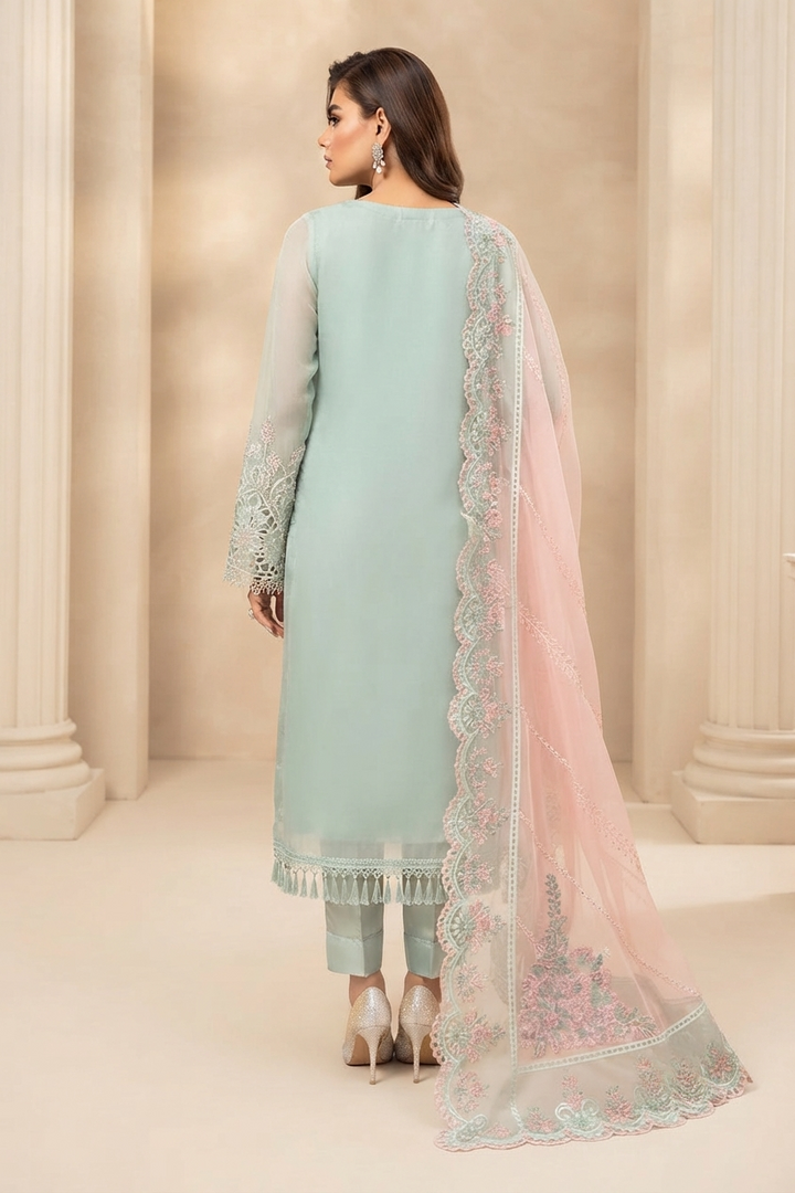 MARIA B COUTURE COLLECTION Unstitched Chiffon Embroidered Suit with Chiffon Dupatta & Satin Trouser – Luxury Women's Party Wear | Replica