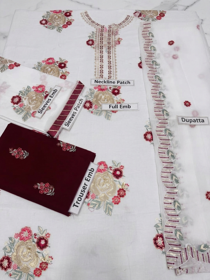 Asim Jofa Inspired 3 Piece Embroidered Lawn Suit – White & Maroon