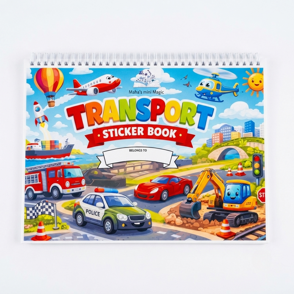 Transport Sticker Book by Maha's Mini Magic — Kids Vehicle Activity Book | Boys Sticker Book with Cars, Planes & More
