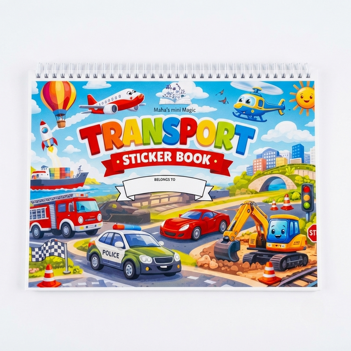 Transport Sticker Book by Maha's Mini Magic — Kids Vehicle Activity Book | Boys Sticker Book with Cars, Planes & More
