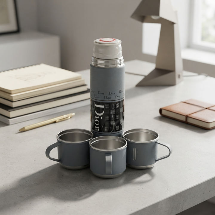 🎁 Premium Designer Style Vacuum Flask Gift Set | Stainless Steel Insulated Bottle with 2 Cups