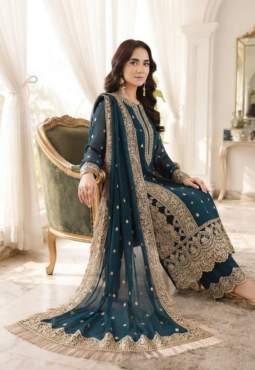 ASIM JOFA Luxury Embroidered Chiffon Unstitched Suit with Malai Trouser – Deep Teal | Women's Formal Wear