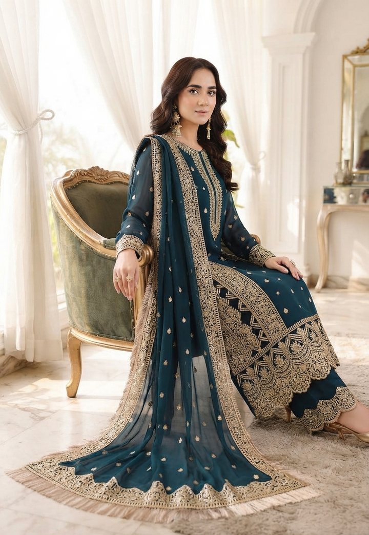 ASIM JOFA Luxury Embroidered Chiffon Unstitched Suit with Malai Trouser – Deep Teal | Women's Formal Wear