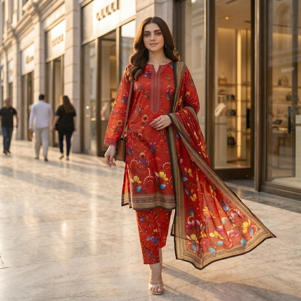 Bin Saeed Printed 3 Piece Unstitched Lawn Suit for Women