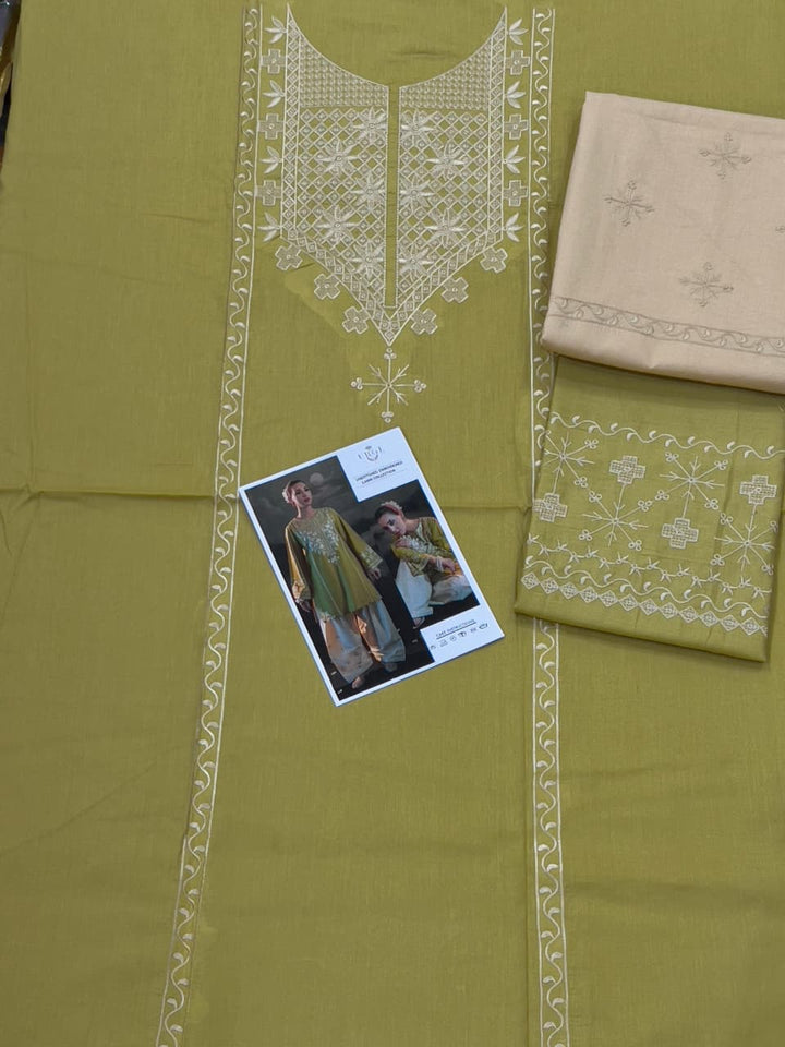 Mushq Inspired 2 Piece Embroidered Lawn Suit – Olive Green & Off White