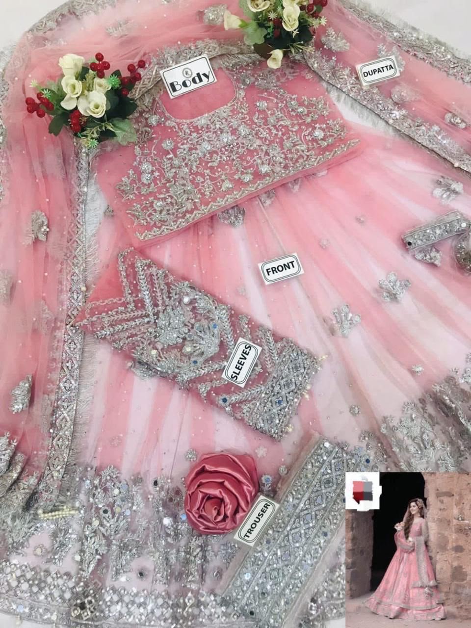 Kashee's Inspired Rose Pink Heavy Embroidered 3-Piece Unstitched Bridal Suit | Silver Zardozi Net Fabric | Wedding Collection
