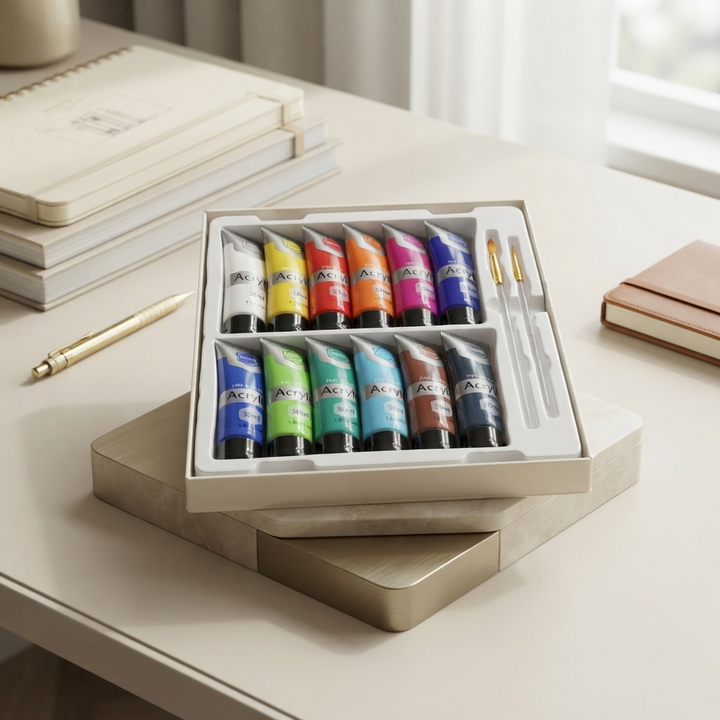 den 🎨 Keep Smiling Acrylic Paint Set | 12 Colors x 30ml with 2 Artist Brushes