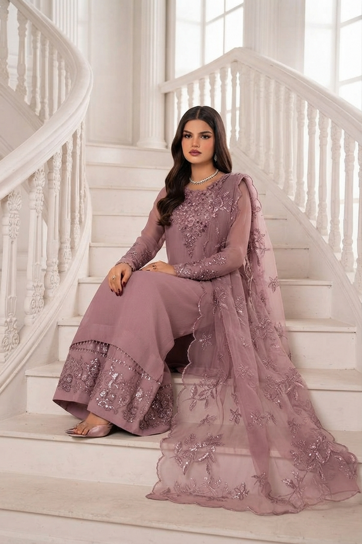 IZNIK Luxury Chiffon Embroidered Unstitched Suit with Organza Dupatta & Malai Trouser – Dusty Mauve | Women's Formal Wear