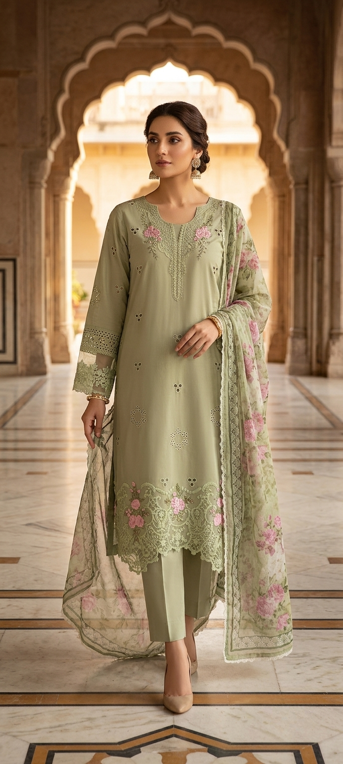 NOOR Luxury Embroidered Lawn Unstitched 3 Piece Suit with Printed Chiffon Dupatta – Sage Green | Pakistani Designer Replica