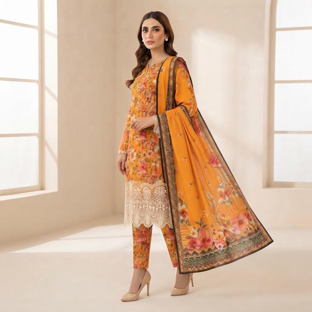 Bin Saeed Printed 3 Piece Unstitched Lawn Suit for Women