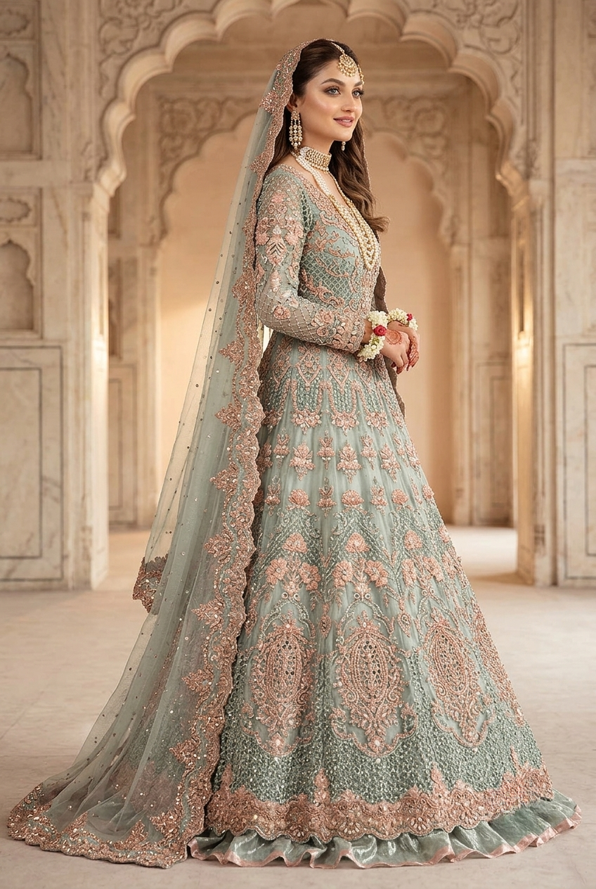 Maria.B Inspired Sage Green Heavy Embroidered 3-Piece Unstitched Bridal Suit | Rose Gold Zardozi Net Fabric | Wedding Collection