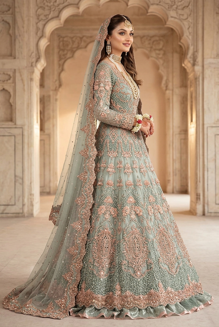Maria.B Inspired Sage Green Heavy Embroidered 3-Piece Unstitched Bridal Suit | Rose Gold Zardozi Net Fabric | Wedding Collection