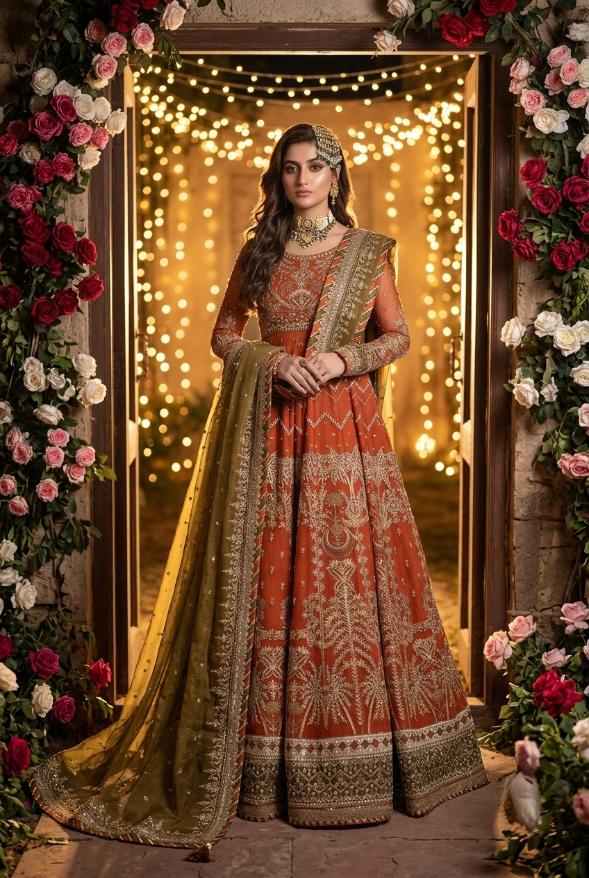 Asim Jofa Inspired Rust Orange Heavy Embroidered 3-Piece Unstitched Bridal Suit | Olive Green Dupatta | Antique Gold Zardozi | Wedding Collection