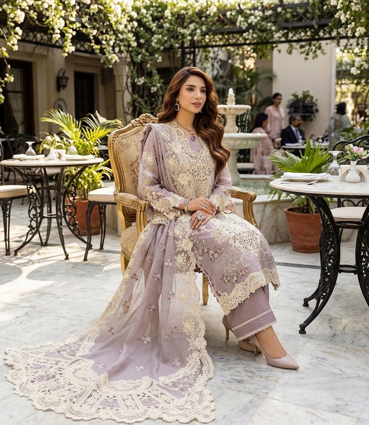 ELAF Luxury Embroidered Unstitched 3 Piece Cotton Suit with Embroidered chiffon Dupatta – Dusty Mauve | Designer Replica