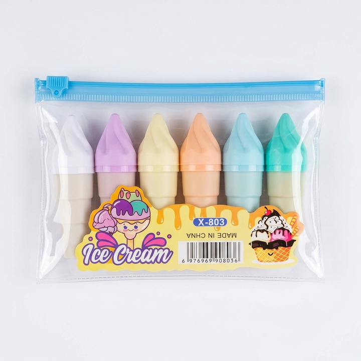 Ice Cream Cone Shaped Highlighters Set of 6 | Cute Kawaii Pastel Marker Pens for Kids | School Stationery Gift X-803