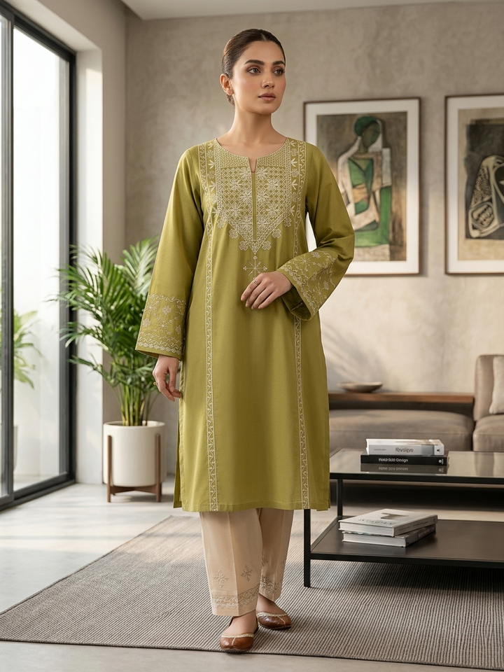 Mushq Inspired 2 Piece Embroidered Lawn Suit – Olive Green & Off White