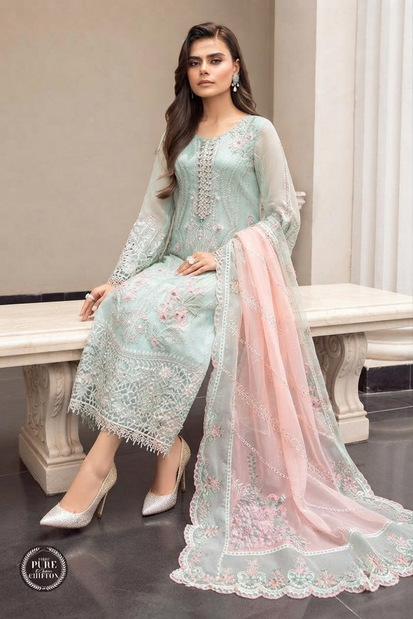 MARIA B COUTURE COLLECTION Unstitched Chiffon Embroidered Suit with Chiffon Dupatta & Satin Trouser – Luxury Women's Party Wear | Replica