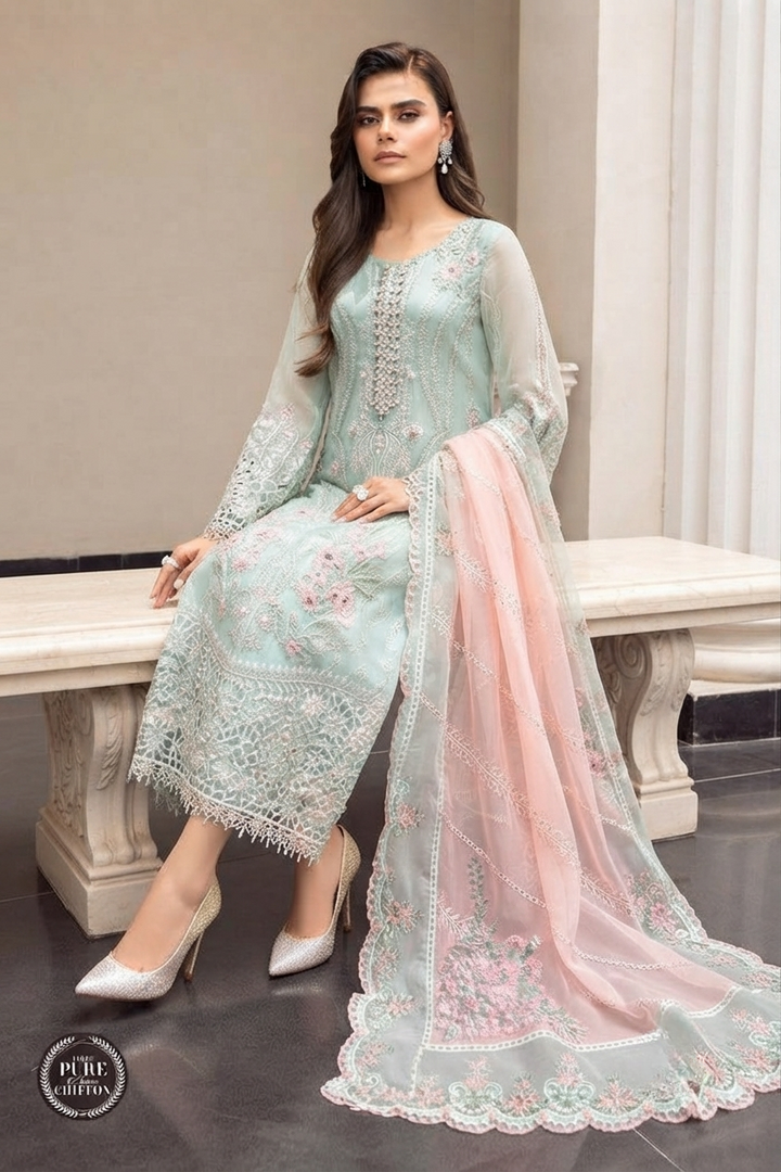 MARIA B COUTURE COLLECTION Unstitched Chiffon Embroidered Suit with Chiffon Dupatta & Satin Trouser – Luxury Women's Party Wear | Replica