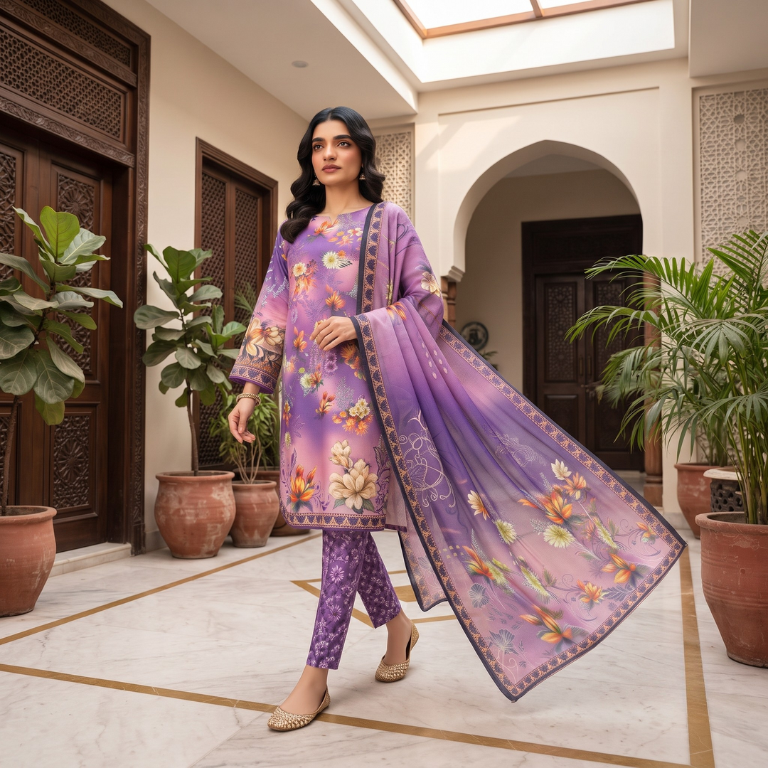Bin Saeed Printed 3 Piece Unstitched Lawn Suit for Women