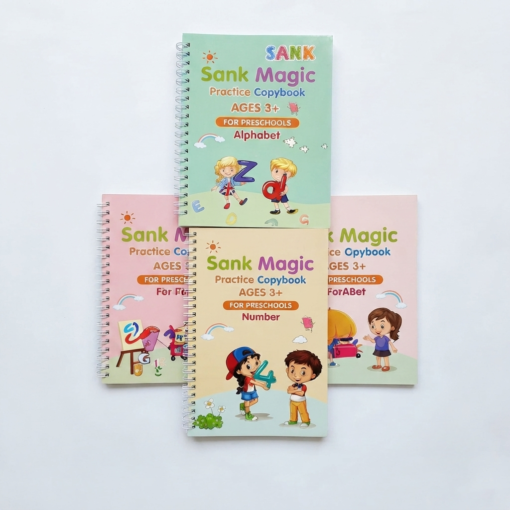 Sank Magic Practice Copybook Set for Kids – 4 Books with Pen & Refills (Reusable Handwriting Workbooks)
