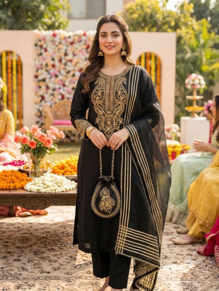 ANAYA-B Unstitched Black Cotton Silk Suit with Organza Dupatta & Matching Embroidered Potli |  Premium Embroidered Women's Festive Wear