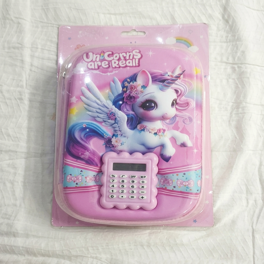 Unicorns Are Real Pencil Case with Calculator — Hard Shell EVA Zipper Pouch | Kawaii Pink Stationery for Girls