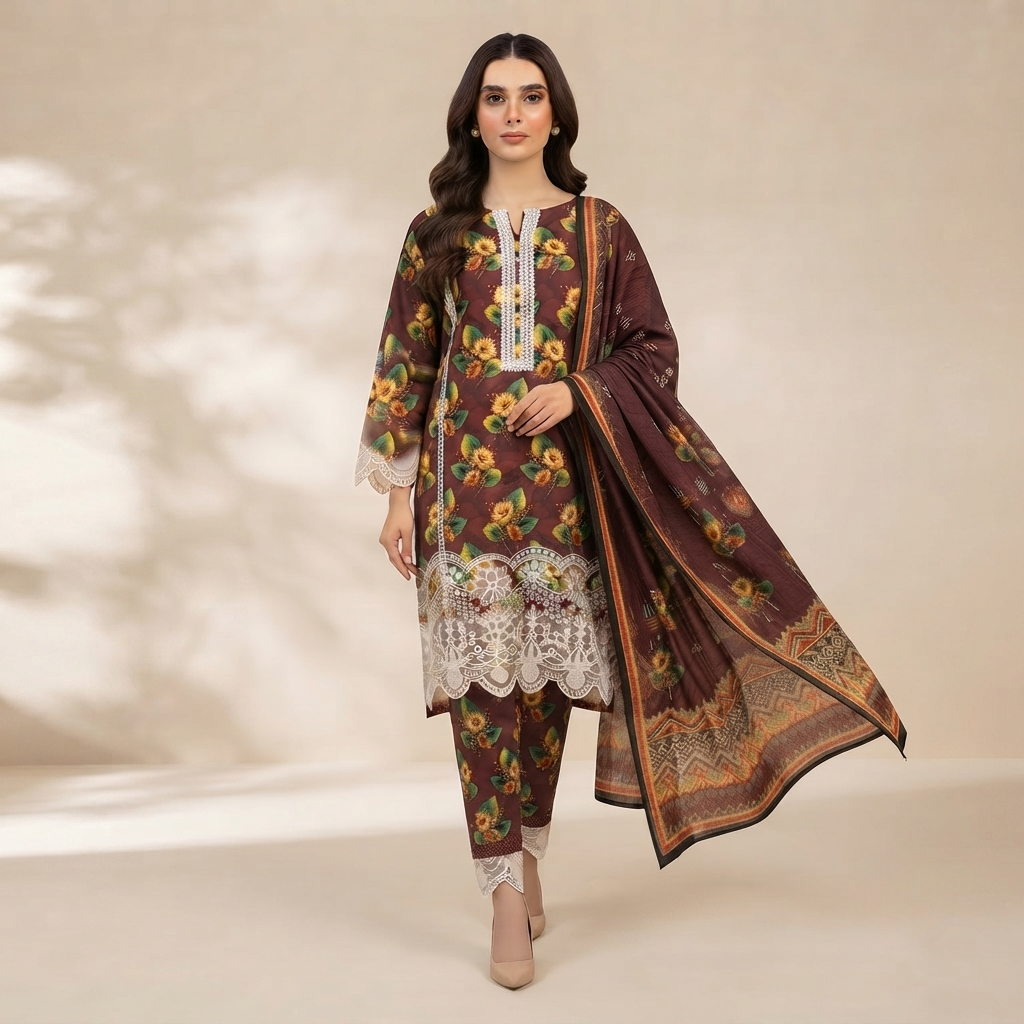 Bin Saeed Printed 3 Piece Unstitched Lawn Suit for Women