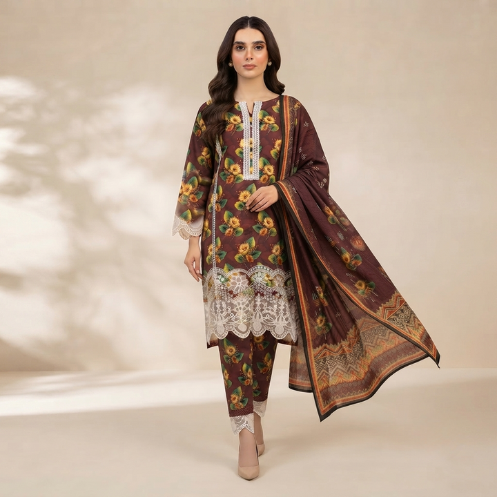 Bin Saeed Printed 3 Piece Unstitched Lawn Suit for Women