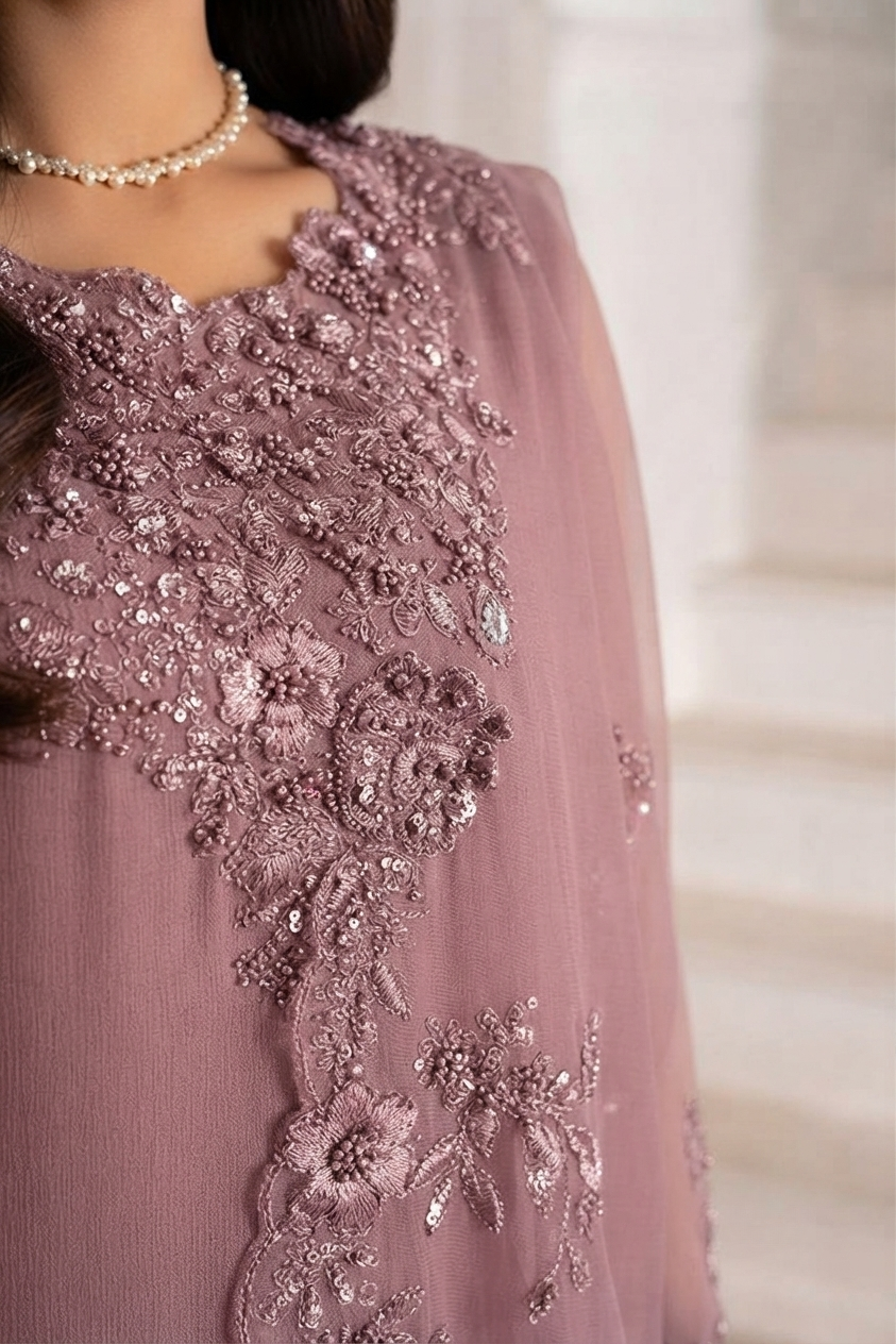 IZNIK Luxury Chiffon Embroidered Unstitched Suit with Organza Dupatta & Malai Trouser – Dusty Mauve | Women's Formal Wear
