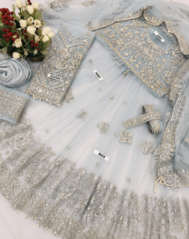 Kashee's Inspired Ice Blue Heavy Embroidered 3-Piece Unstitched Bridal Suit | Antique Gold Zardozi Net Fabric | Wedding Collection
