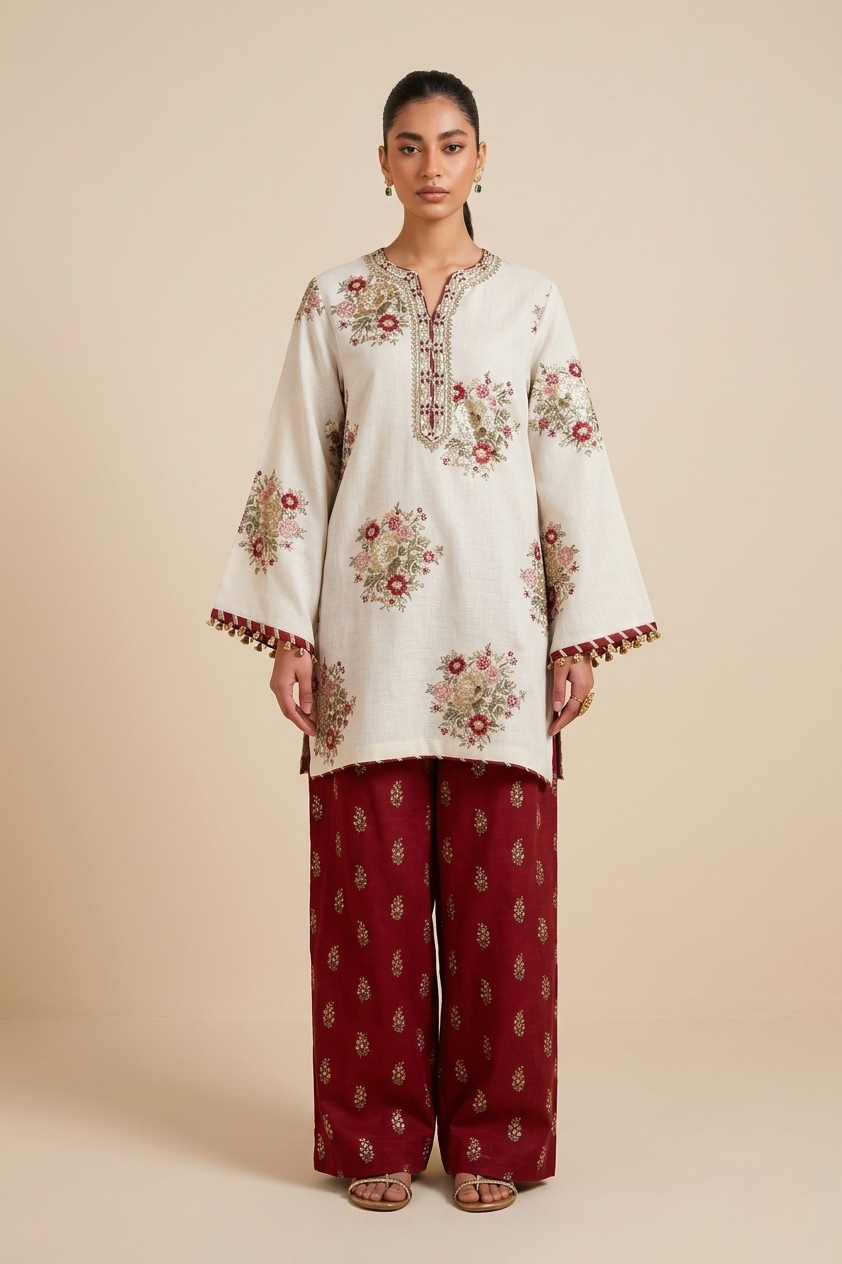 Asim Jofa Inspired 2 Piece Embroidered Lawn Suit – White & Maroon