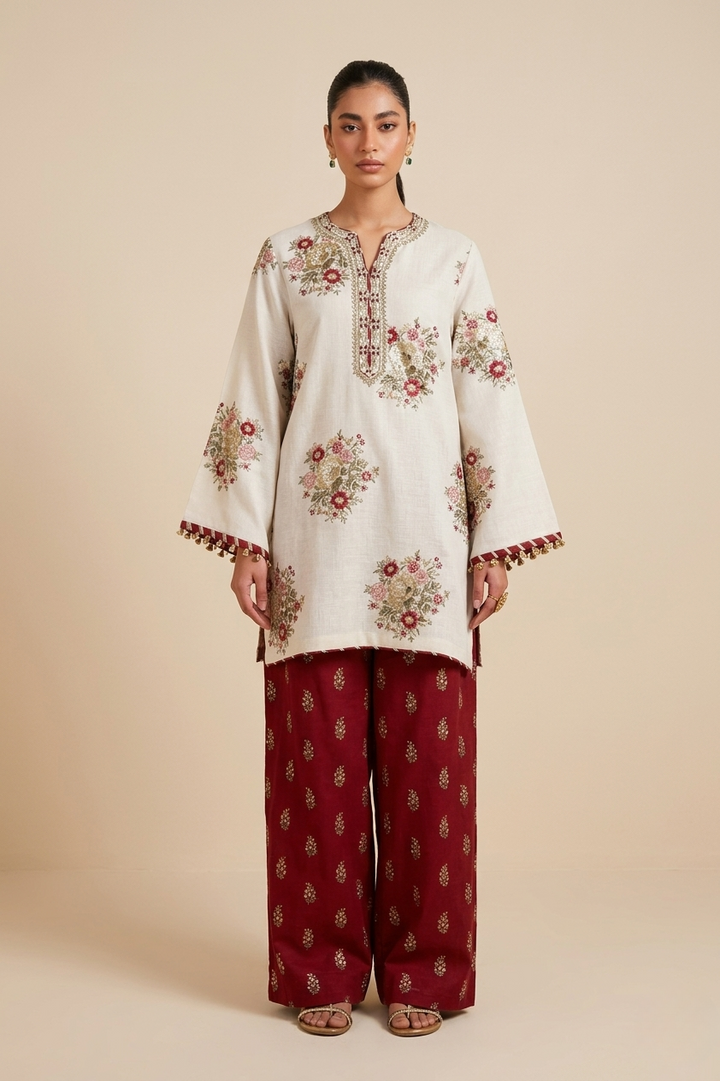 Asim Jofa Inspired 2 Piece Embroidered Lawn Suit – White & Maroon