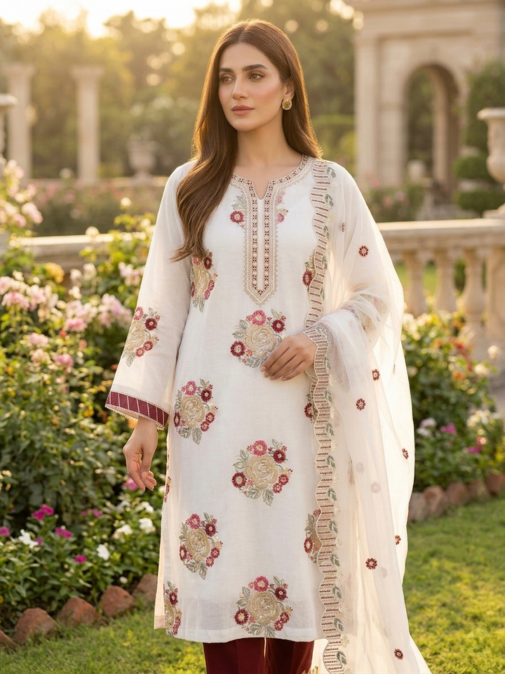 Asim Jofa Inspired 3 Piece Embroidered Lawn Suit – White & Maroon