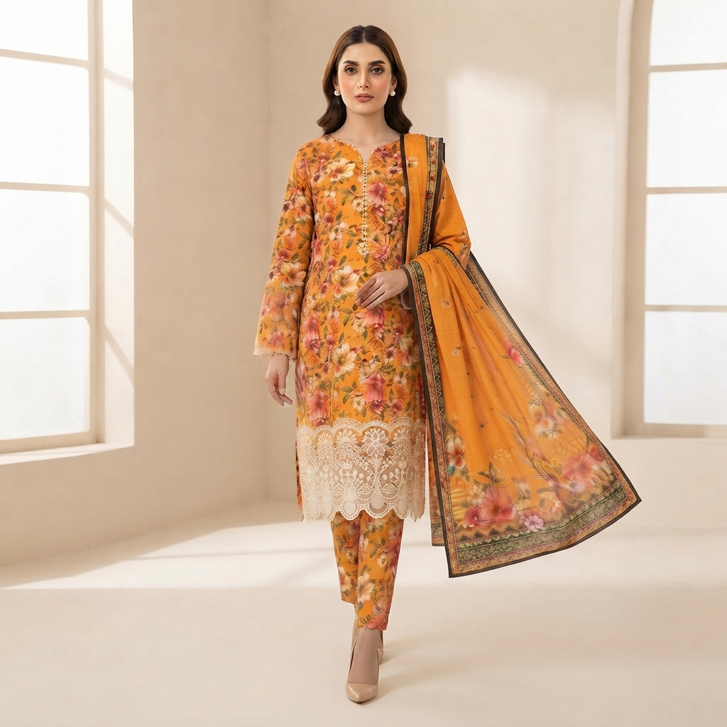 Bin Saeed Printed 3 Piece Unstitched Lawn Suit for Women