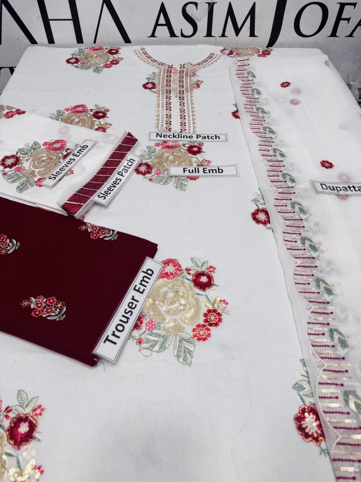Asim Jofa Inspired 2 Piece Embroidered Lawn Suit – White & Maroon