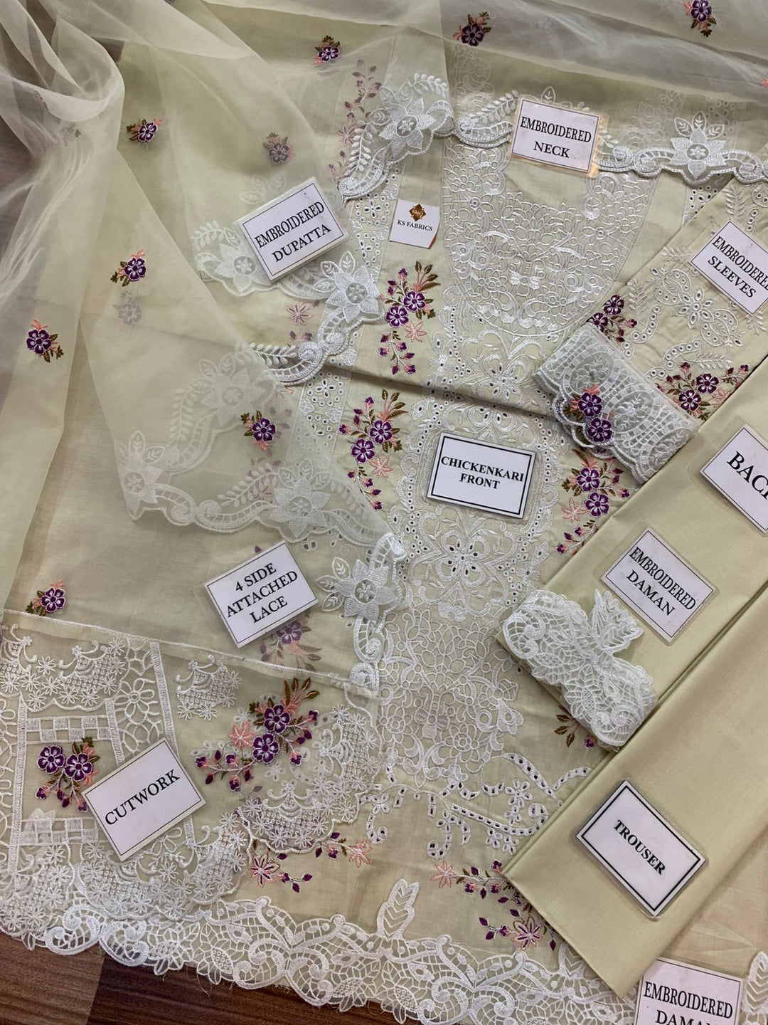 ELAF Luxury Embroidered Unstitched 3 Piece Cotton Suit with Embroidered Chiffon Dupatta – Ivory | Designer Replica