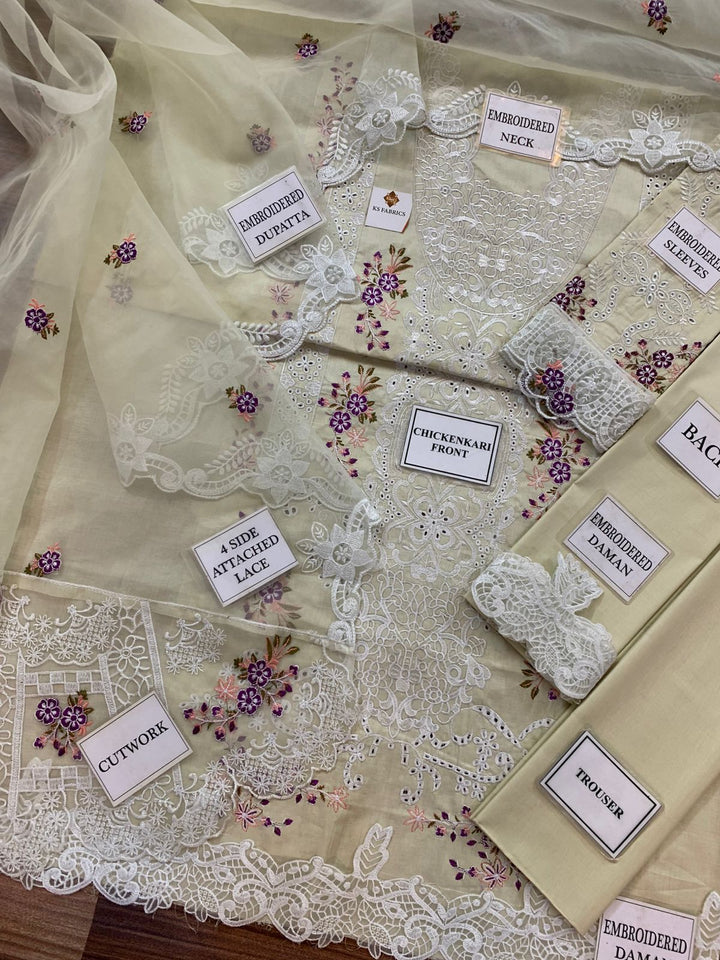 ELAF Luxury Embroidered Unstitched 3 Piece Cotton Suit with Embroidered Chiffon Dupatta – Ivory | Designer Replica