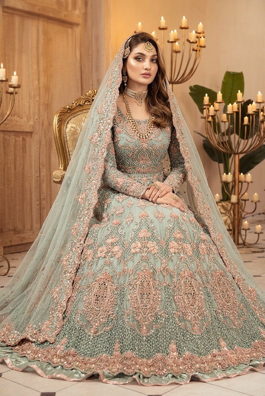 Maria.B Inspired Sage Green Heavy Embroidered 3-Piece Unstitched Bridal Suit | Rose Gold Zardozi Net Fabric | Wedding Collection
