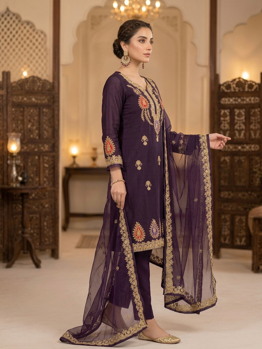 ANAYA-B Embroidery Collection Unstitched Purple Organza Embroidered Suit with Organza Dupatta | Silk Trouser