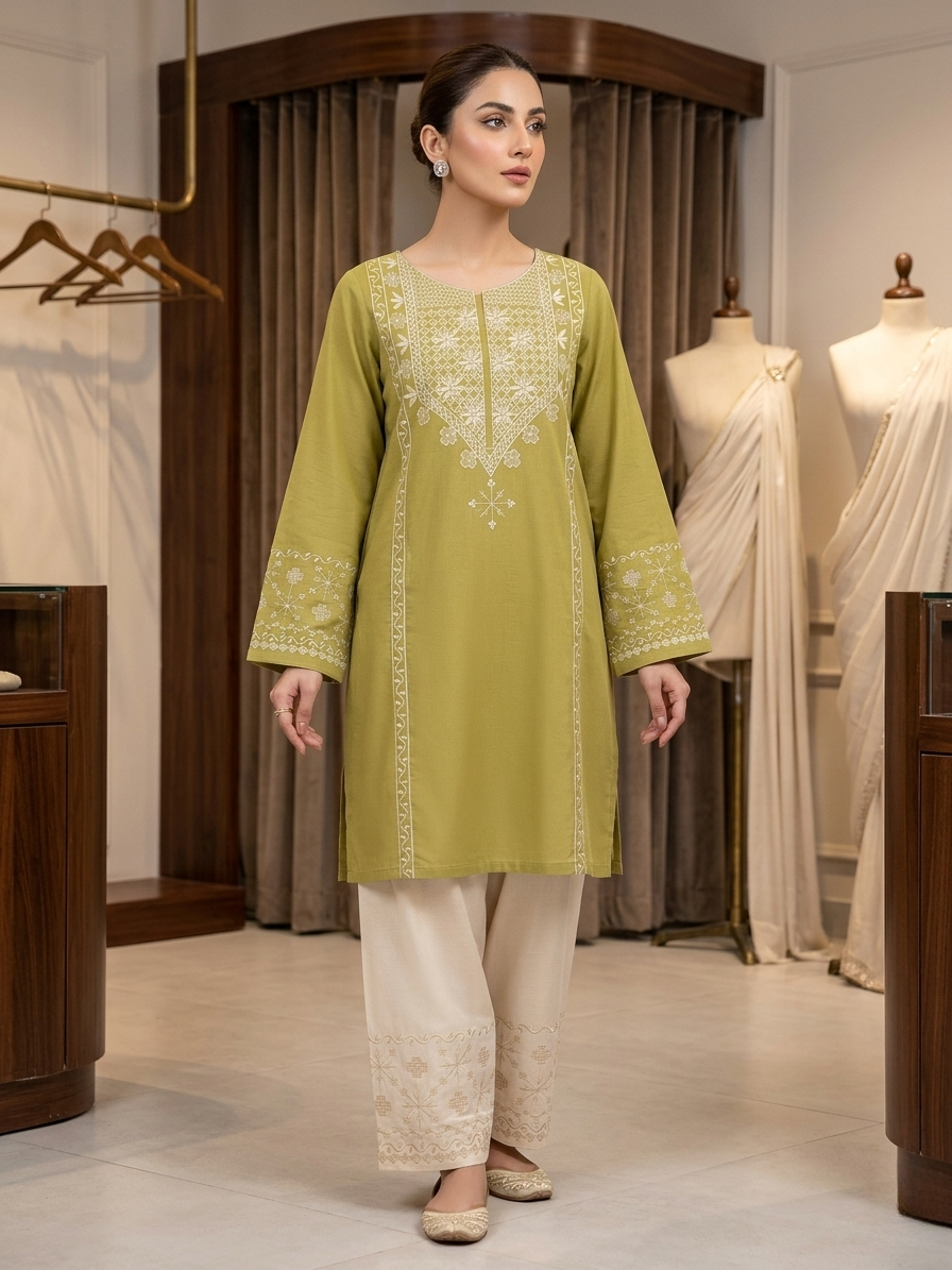 Mushq Inspired 2 Piece Embroidered Lawn Suit – Olive Green & Off White