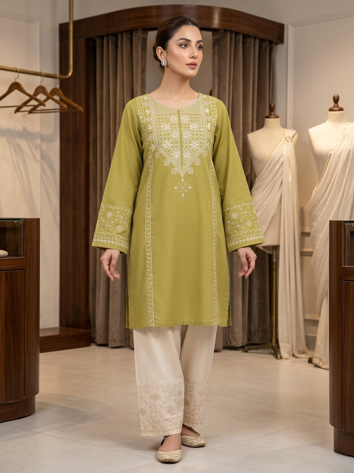 Mushq Inspired 2 Piece Embroidered Lawn Suit – Olive Green & Off White