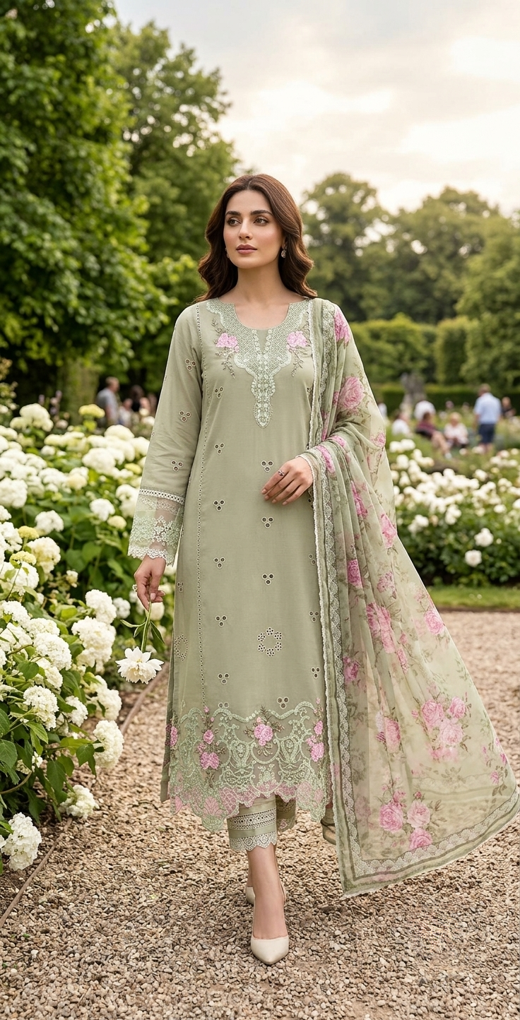 NOOR Luxury Embroidered Lawn Unstitched 3 Piece Suit with Printed Chiffon Dupatta – Sage Green | Pakistani Designer Replica